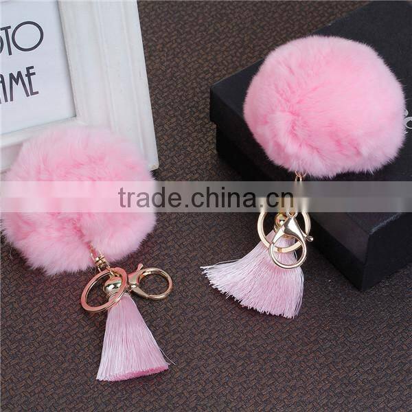 Gold Plated Pink Angora Pom Pom Ball Rayon Tassel Custom Key Chain