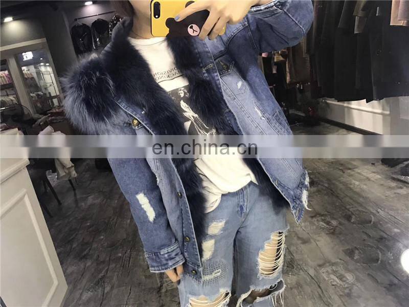 2017 Fashionable Women Winter Real Fox Fur Lined Denim Parka Real Fur Jacket Raccoon