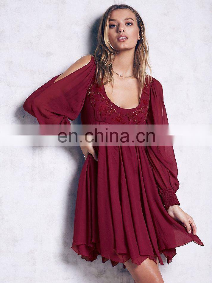 High quality cold shoulder chiffon dress, embroidered dress fashion