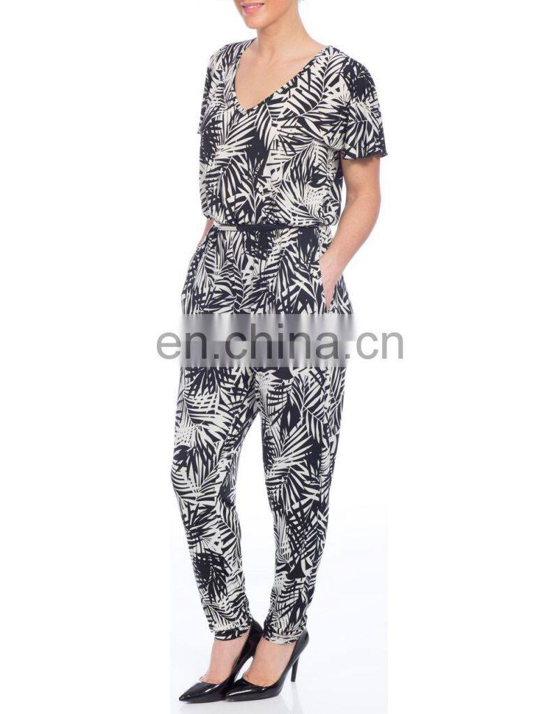 GuangZhou supplier new high fashion Boho Styles Leaf Print viscose Jumpsuit for Elegant Women