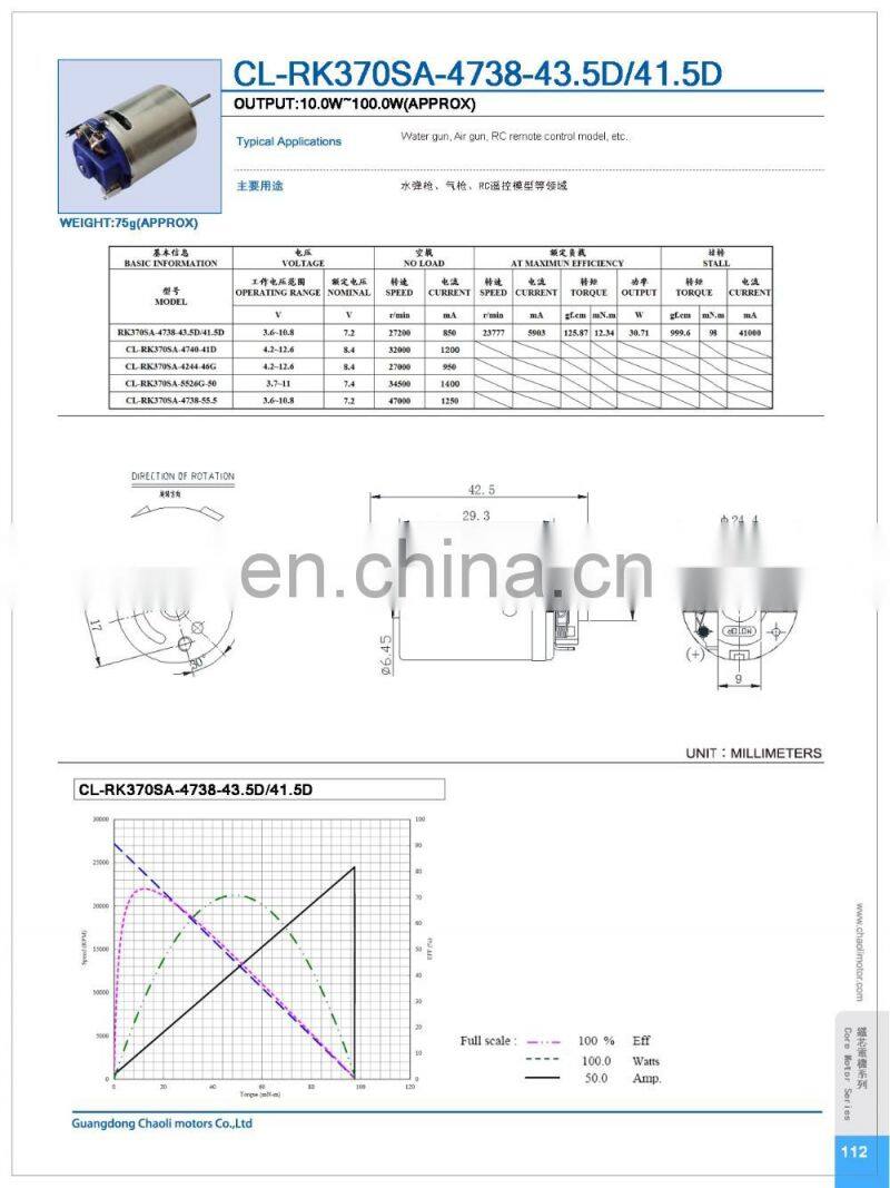 Hot selling7.2V high torque airsoft mini DC motor CL-RK370SA with Carbon brush and plastic end cover-chaoli