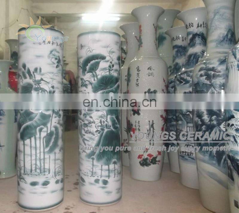 H120cm Hand Painted Lotus Large Chinese Ceramic Floor Vases Cylinder Shaped