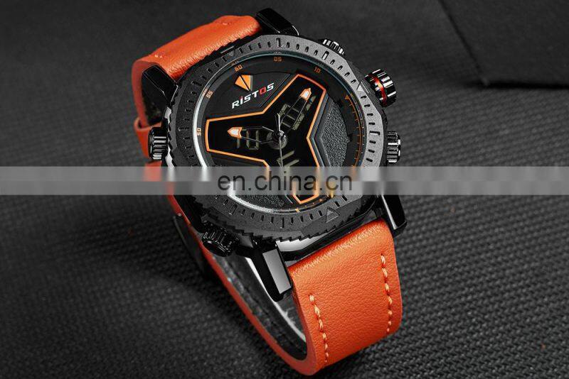 RISTOS 9341 Super Cool LCD Display Watch Leather Multifunction Backlight Men's Chronograph Watch