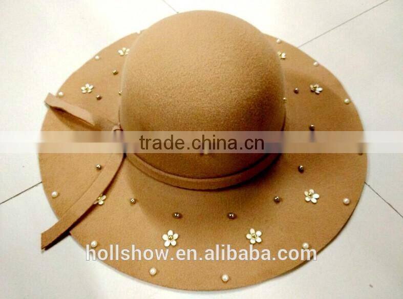 Fashion Women Flower Pearl Beaded Large Brim Trilby Fedora Hats with Ribbon
