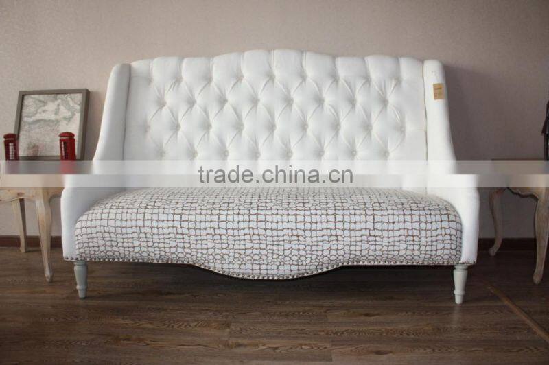 Living room settee fabric button tufted linen cream sofa