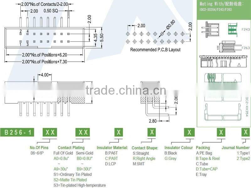 Dongguan Yxcon 2.0mm pitch dual row right angle box header connector
