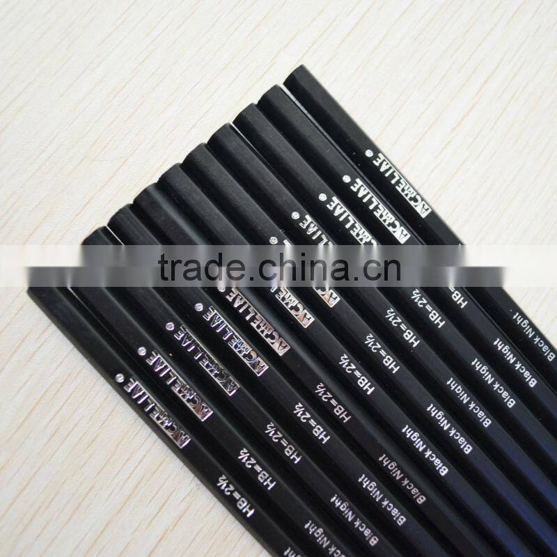 7" standard size hexagonal shape sharpened black linden wood 2.2mm lead black knight HB pencil