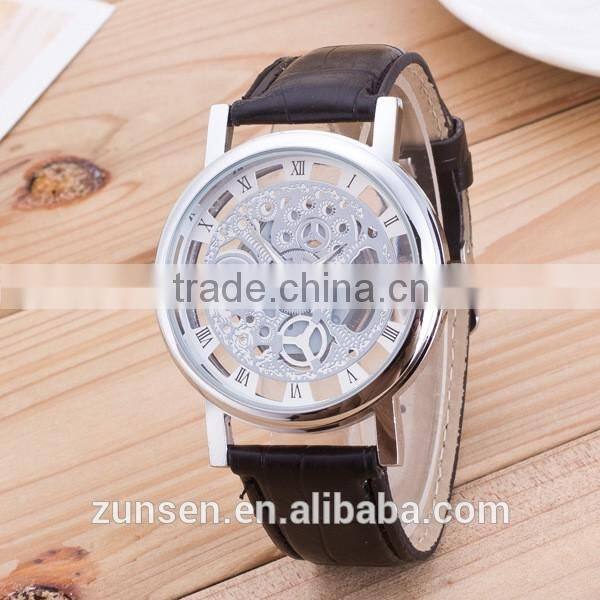 2016 High Quality Hollow Man Gift Clock Luxury Male Bbusiness Leather Wrist Military Sport Watch