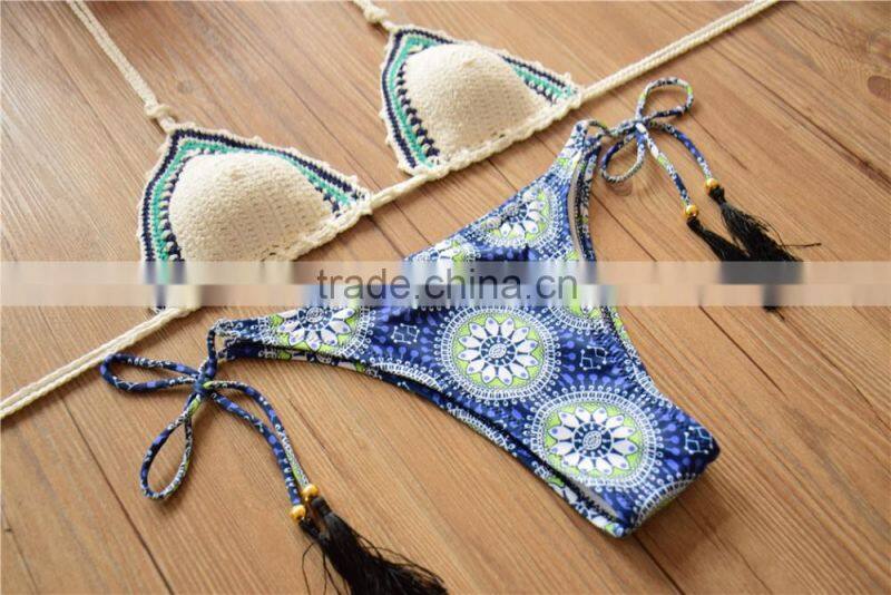 2016 navy blue Wholesale crochet bikini, lady's crochet triangle bikini