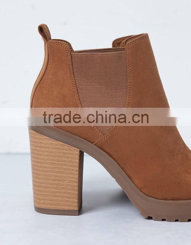 2016 high quality side gussets decorated camel microsuede upper TPR outsole women high heel boots shoes