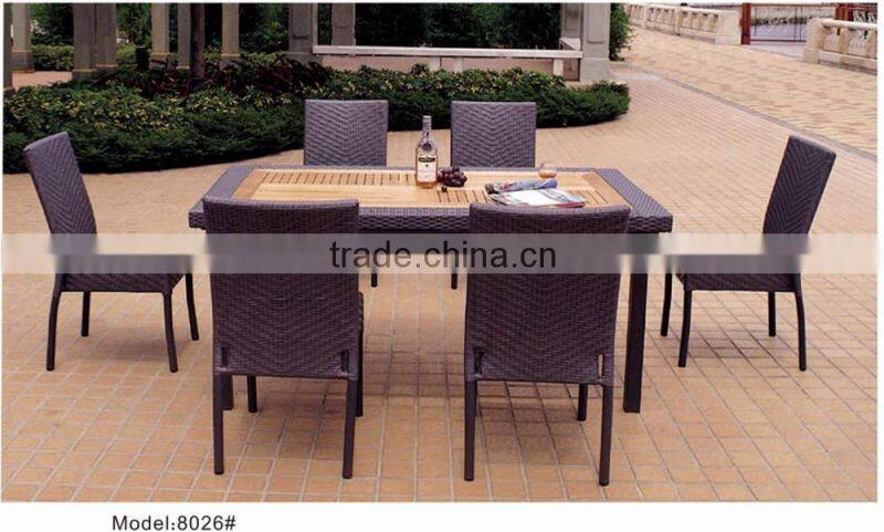 Plastic wooden teak table top with rattan wicker chairs teak dining set