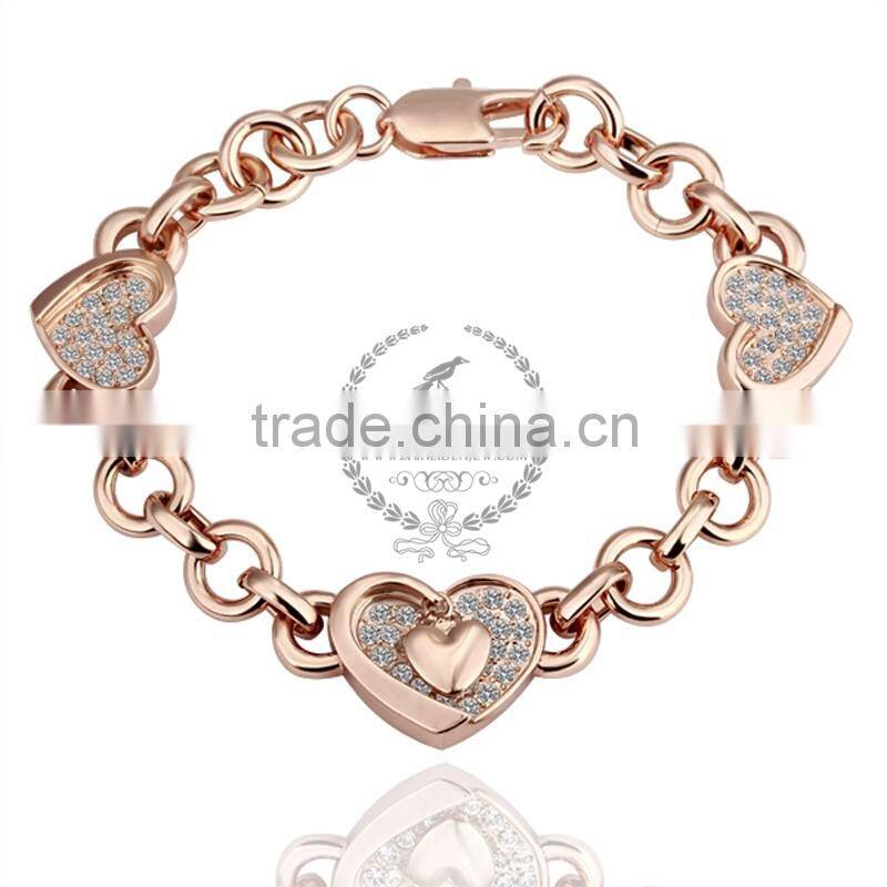 18KGP rose gold plated crystal rhinestone lovers' heart women flower bangle bracelet fashion jewelry B002
