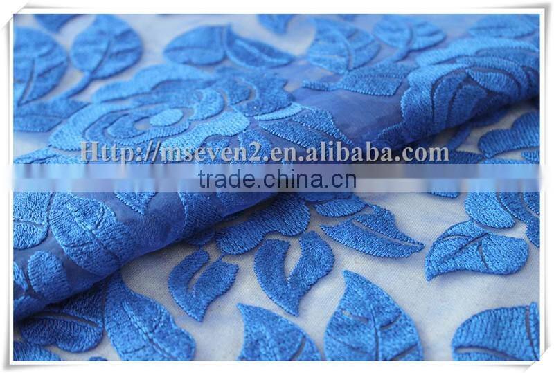 Applique blue rose embroidery tulle lace fabric chemical mesh guipure dress fabric