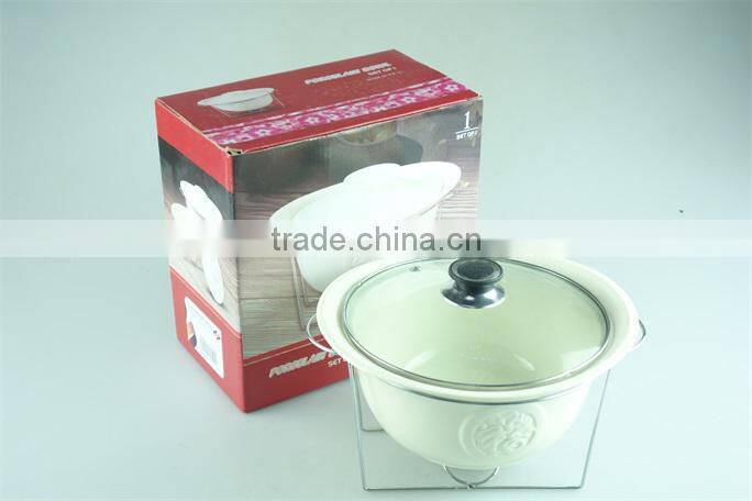 Ivory oval ceramic/porcelain soup tureen pot embossed with glass lid metal stand & color gift box for promotion