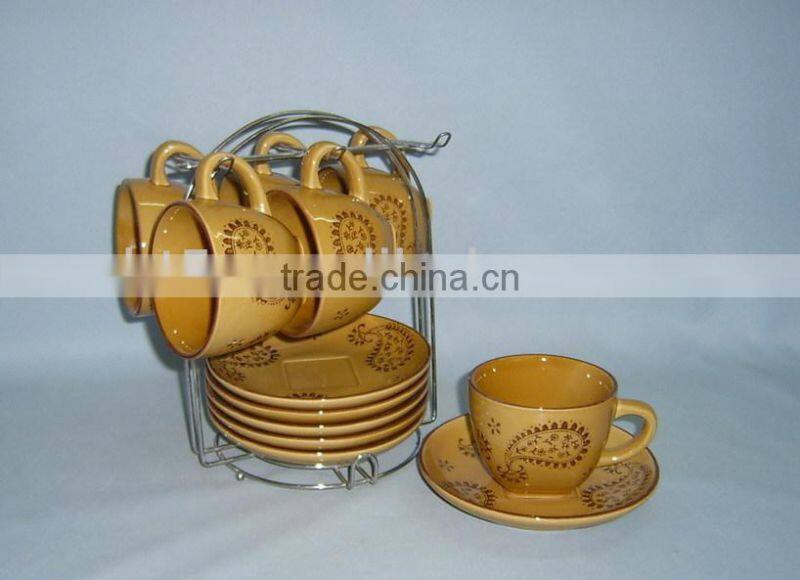 Set of 6 hand printing square shaped ceramic travel mug set with rack