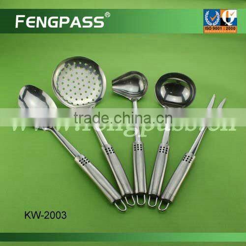Stainless steel kitchen utensil with plastic handle