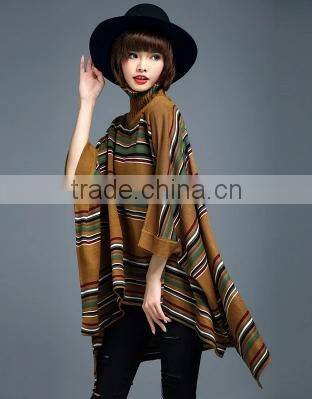 2016 New Fashion Korean Style Mid Long High Collar Women Stripe batwing-sleeved Pullover Sweater