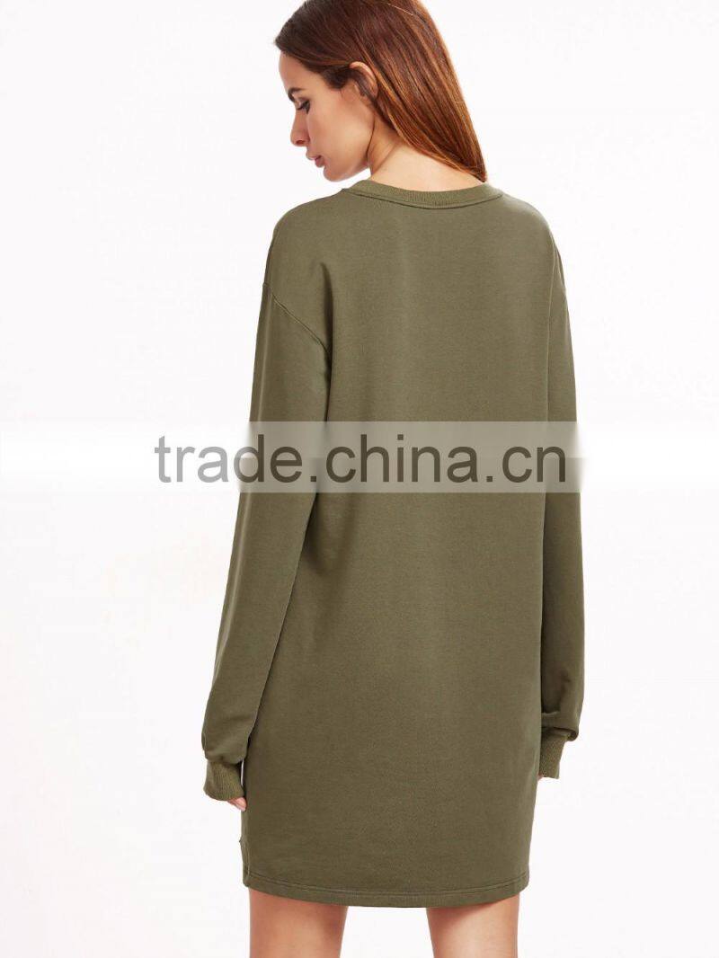 Olive Green Drop Shoulder Distressed Sweatshirt Dress, Women Casual Dress