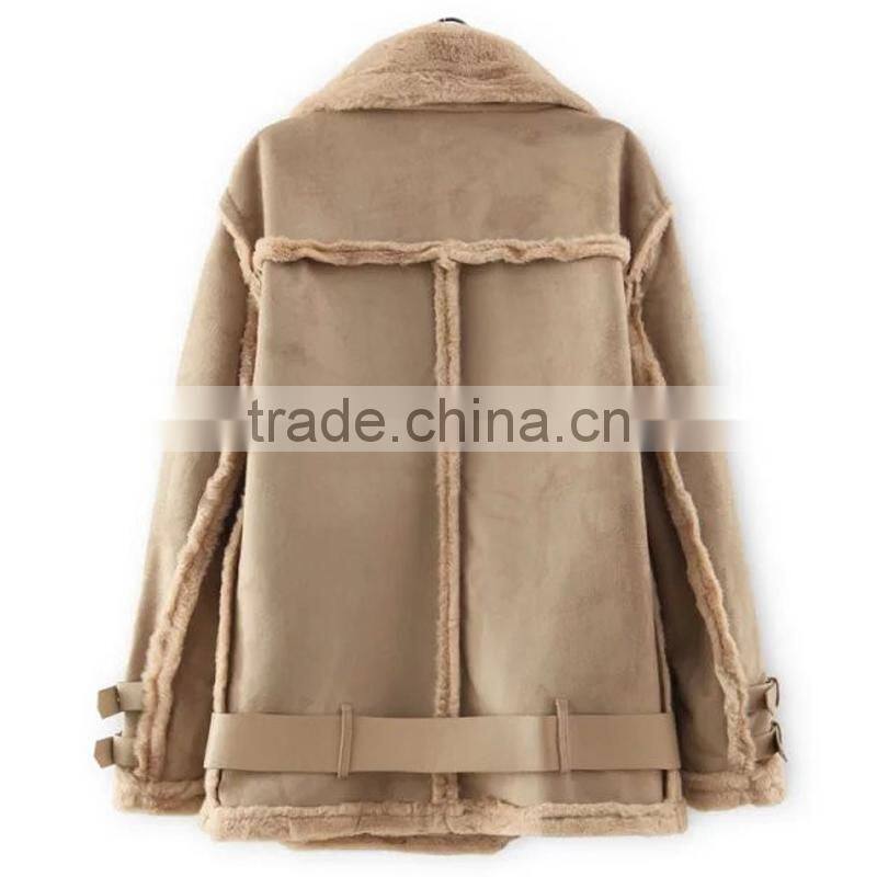 lady clothing garment manufacturer Lapel neck khaki nubuck leather jacket woman 2015