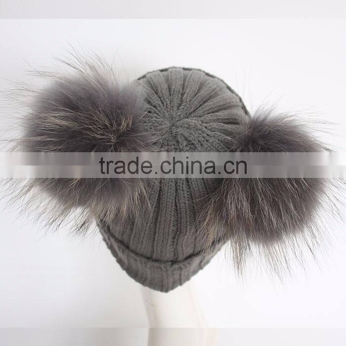 Myfur Dark Grey Wool Knitting Hat with Detachable Raccoon Fur Pom Poms