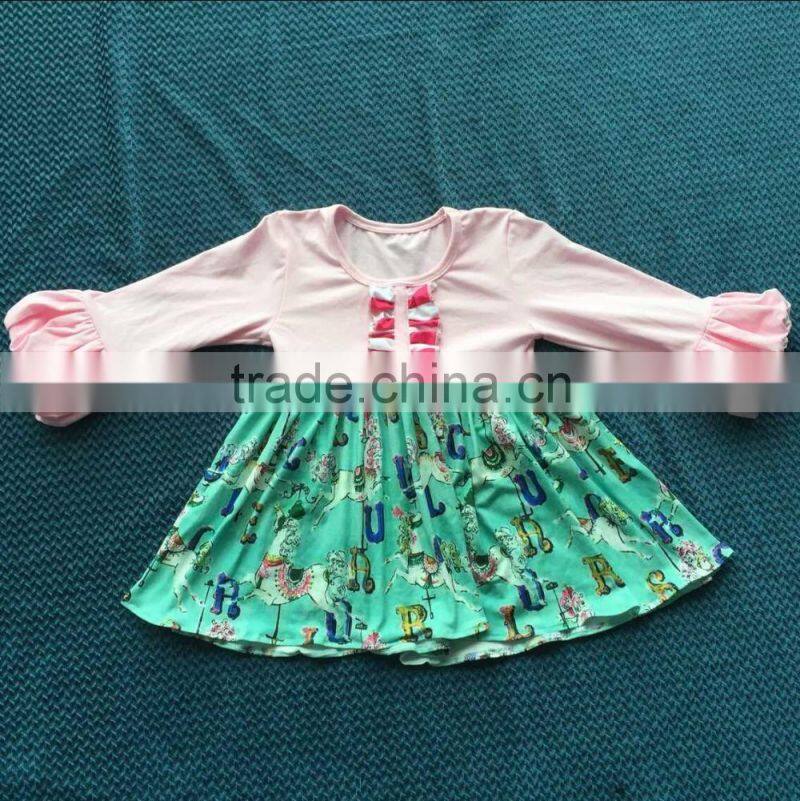 2015 ney style puff sleeve pink top with bib carousel dress and solid blue ruffle pants YW-193