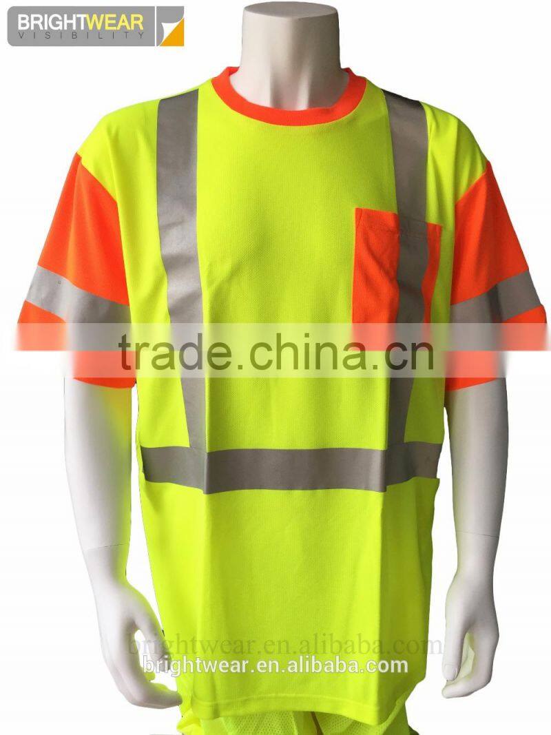 ANSI 100% polyester hi vis safety contrast T-shirt with 3M reflective tapes