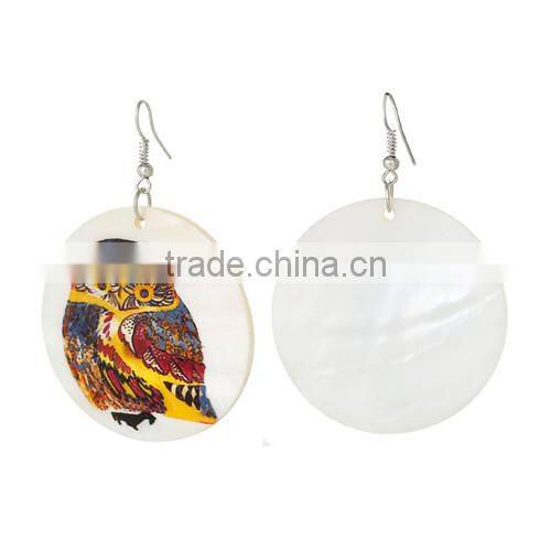 Silver Tone Hook Round Yellow Halloween Owl Pattern Fashion Shell Dangle Earrings 6.5cmx4.5cm