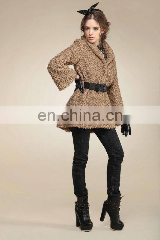 2013 latest design with belt European fashion style winter wool coats fur coat