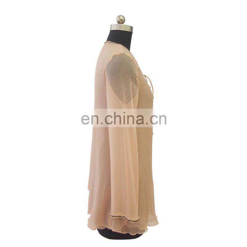 2016 latest fashion design women long sleeve round neck beaded chiffon blouse