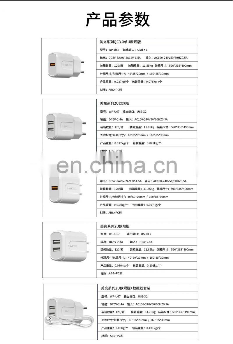 European Standard Data Cable and Charging Head EU Plug Set , 2.4A Charger with 2 USB Ports