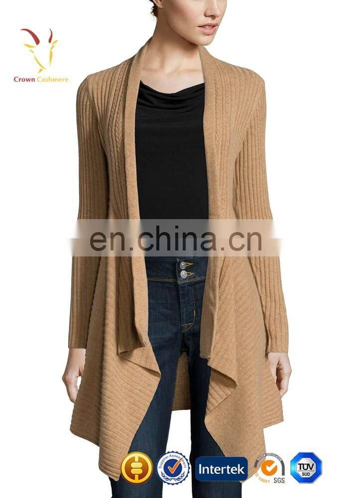 Ladies waterfall rib knitted cashmere cardigan sweater