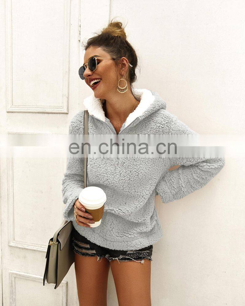 Wholesale custom women's jackets Casual and comfortable long-sleeved hooded zipper loose solid color street style