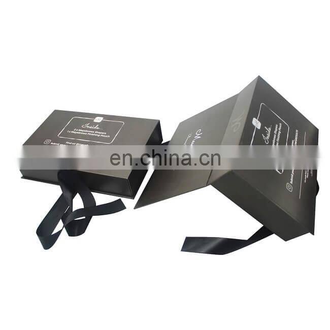 Custom black magnetic closure cardboard gift packaging box design with hot stamping logo