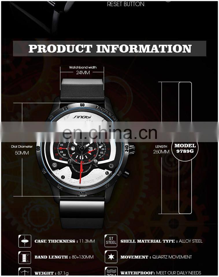SINOBI 9789 Men's Men Quartz Watches New Fashion Silicone Band Watch OEM Chronograph Calendar Man Hand Watch