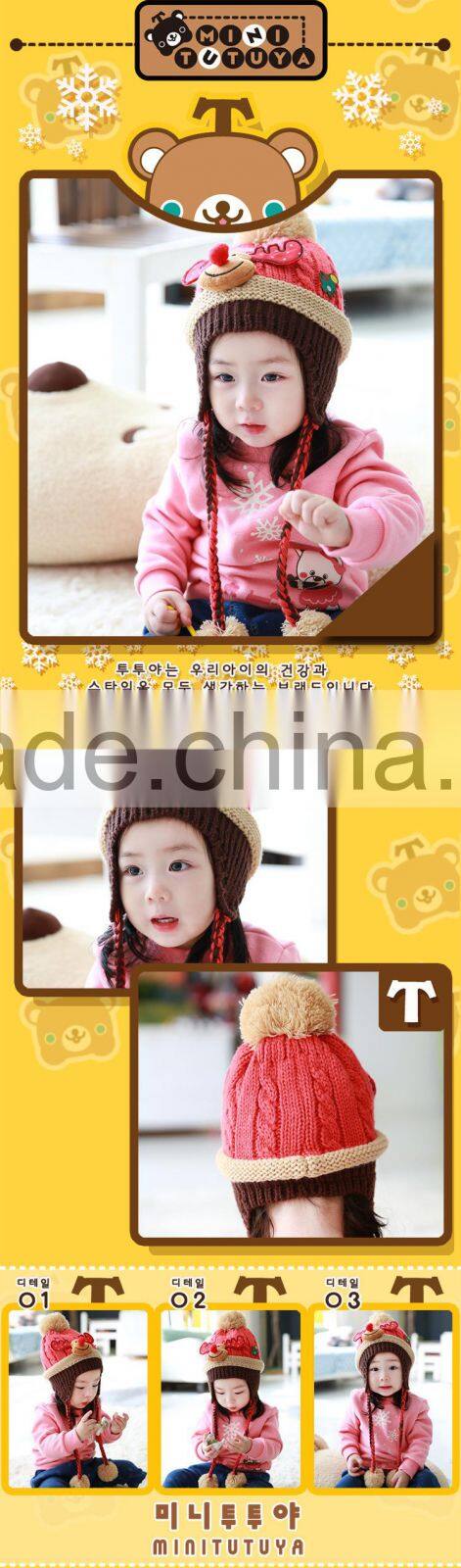 Newest Christmas Tree and Deer Head Applique Pigtail Pom Pom Baby Kids Knitting Winter Caps and Hats