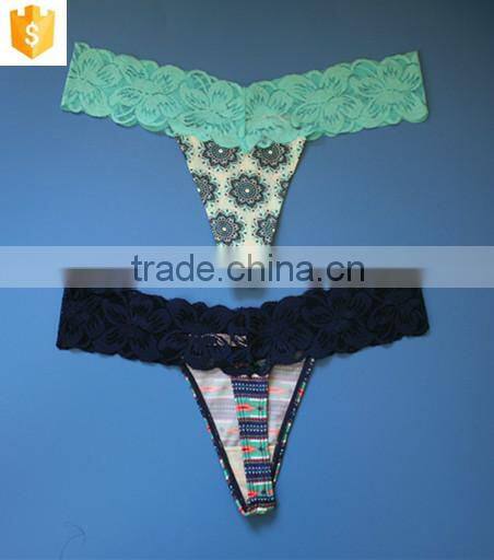 Women Sexy Underwear, Microfiber Printed and Lace Thong, Women Panties