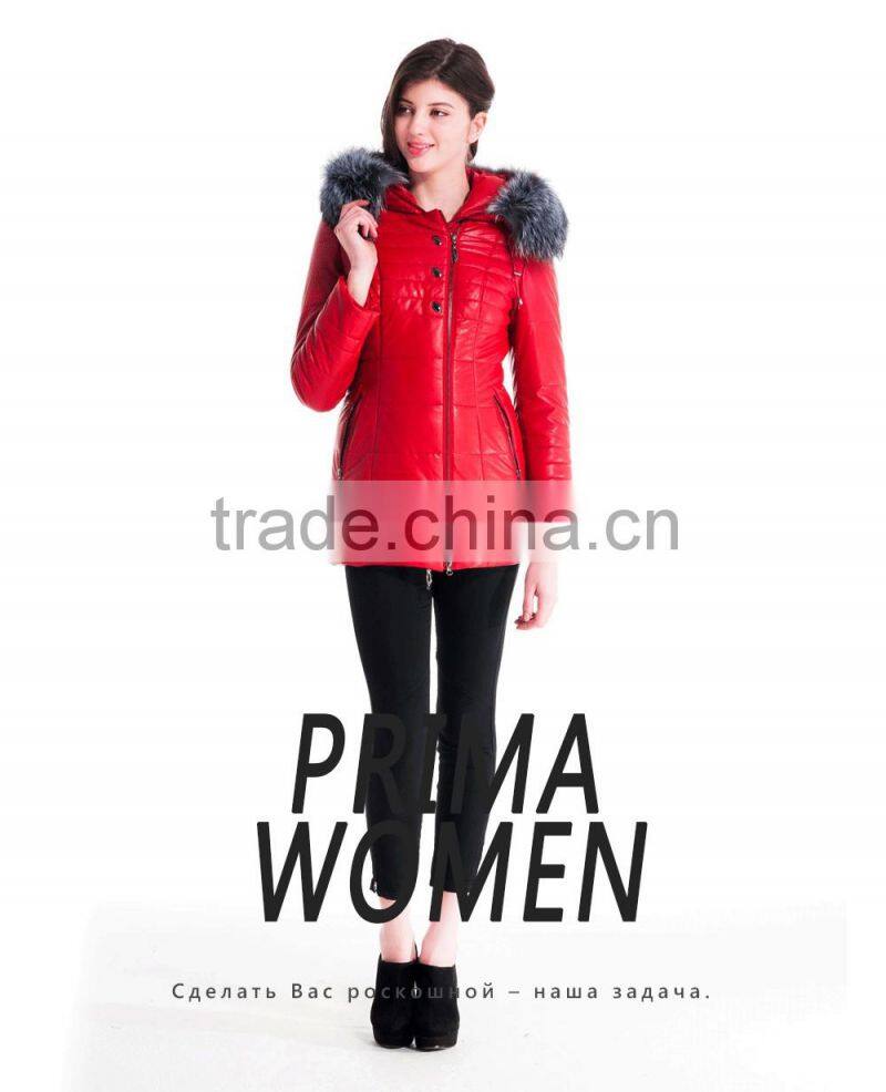 New Design Winter Women Short Coachman Leather Jacket With Brown Fox Hat Overcoat