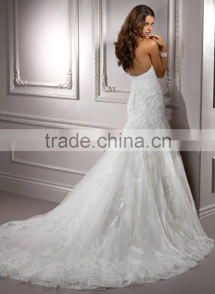 2015 New Custom Made BacklessTulle Applique Beading Crystal A-Line Lace Wedding Dress Bridal Gowns