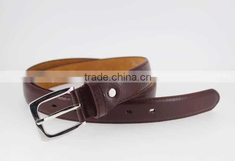 Sample style thin brown pu leather man belt for jeans with shiny silver metal square accessories in YiWu