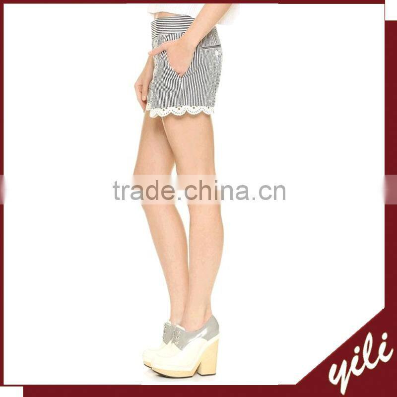 ladies stripes jean zipper crotch pants jogger pants with lace trim