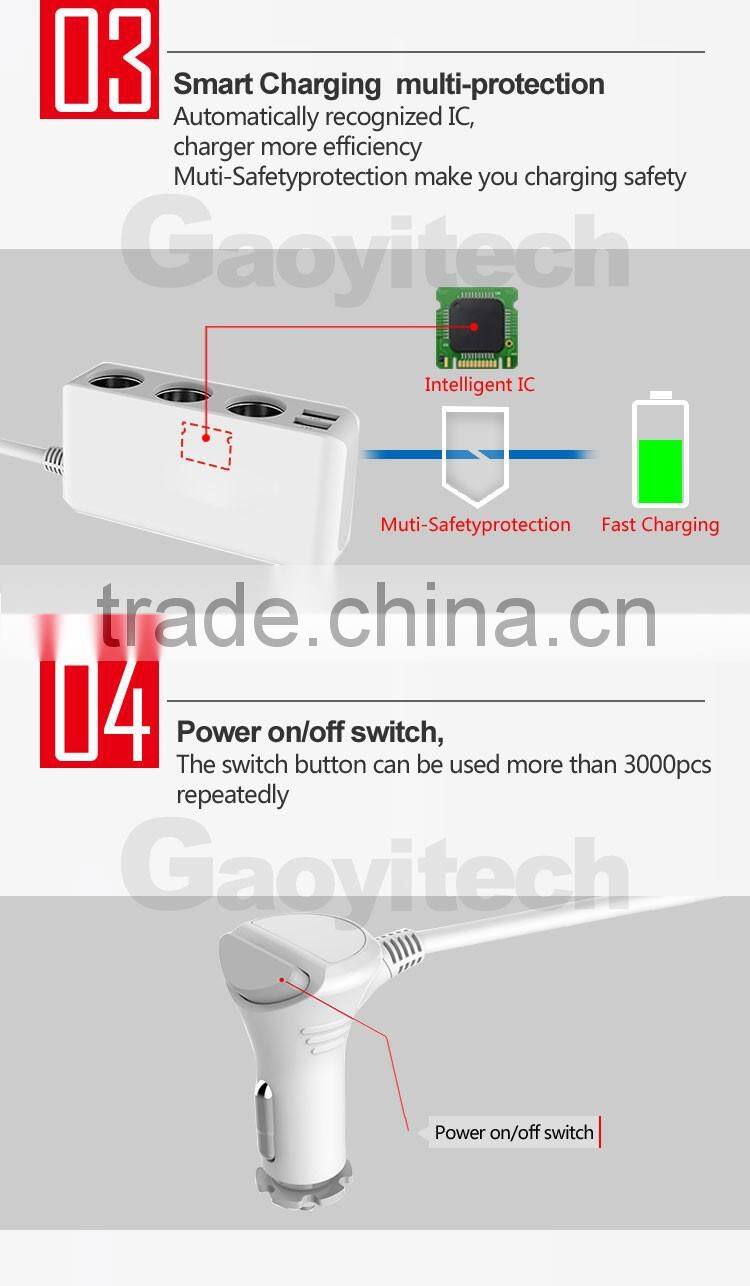 powerful dual usb car charger with 3 cigar lighter family charger for smart phone