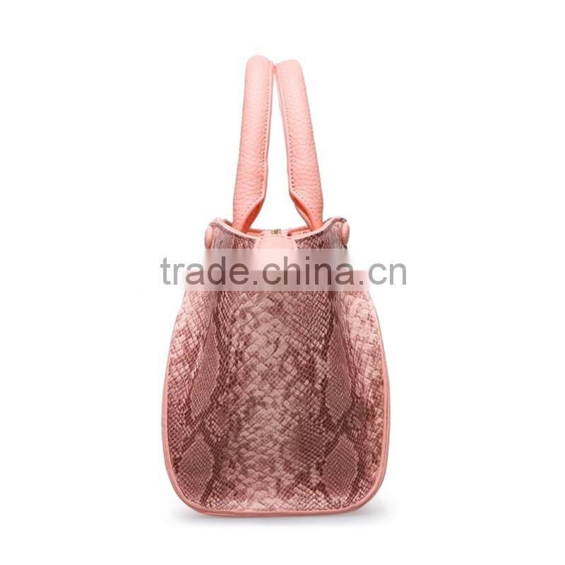 Wholesale fancy nice look pink snake skin pattern genuine leather handbag