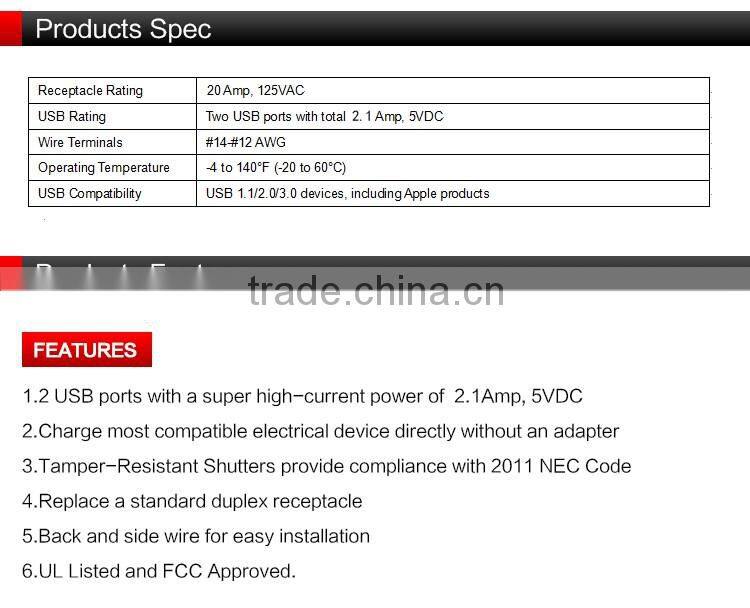 UL CUL listed 120V 20A 60HZ usb plug wall socket with USB charger