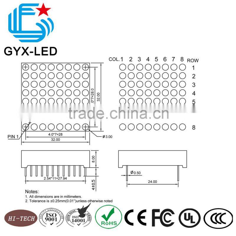amber emitting color black face diffused white dot 4.0 mm pitch 32mm size 8*8 dot matrix display