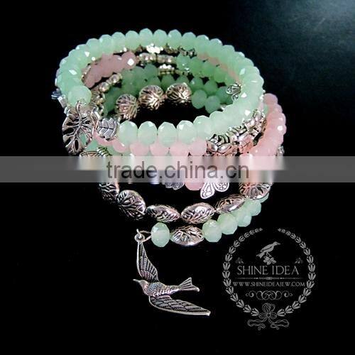 vintage antiqued silver rose flower leaf butterfly bird ice green pink beads 2 layers fashion wiring bangle bracelet 6490051