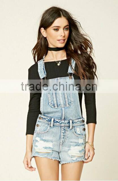 2016 Fashion Washed Ripped design denim overalls, overalls jeans Custom