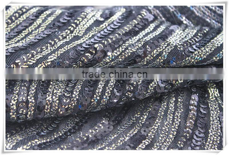 Latest design wave pattern fashion sequin fabric, wholesale sequin mesh fabric / stretch sequin embroidered fabric