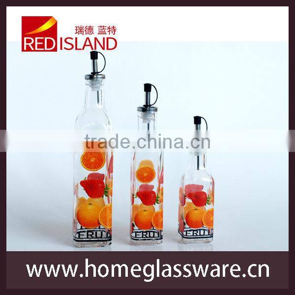 glass olive oil bottle with decal, vinegar bottle, glass bottle