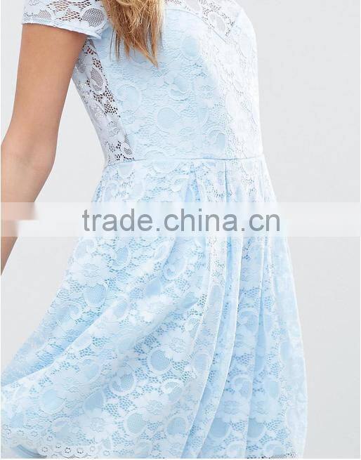 Guangzhou clothing OEM Blue Pleated Skirt Lace Mini T-Shirt Dress