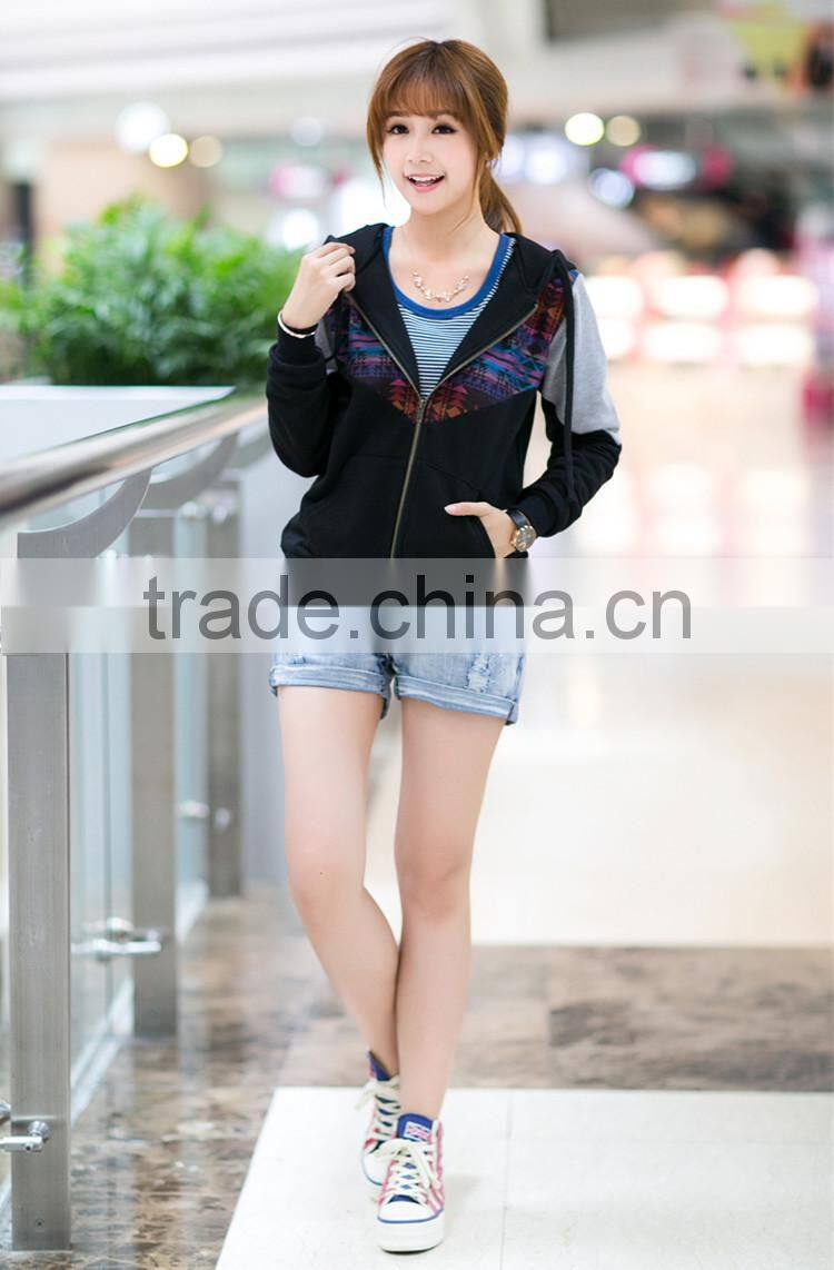 Women cotton splicing printed zipper bomber jacket with hood